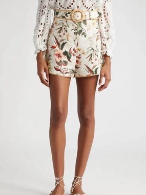 Zimmermann Floral Belted Raffia Trim Linen Shorts